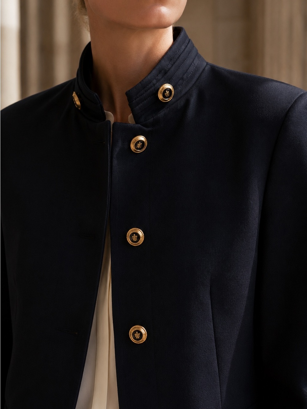 ZARA Navy Blue High Neck Gold Button Blazer Jacket XS NWT - Picture 5 of 10